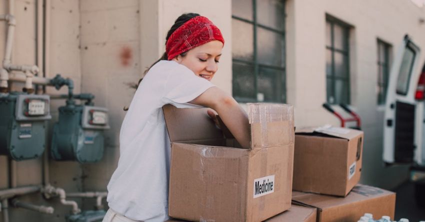 Food Labels - A Woman in White Shirt Standing Beside Boxes of Donations