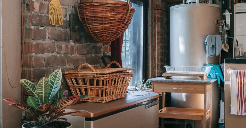 Water Heater - Interior of kitchen with brick wall decorated with wicker baskets